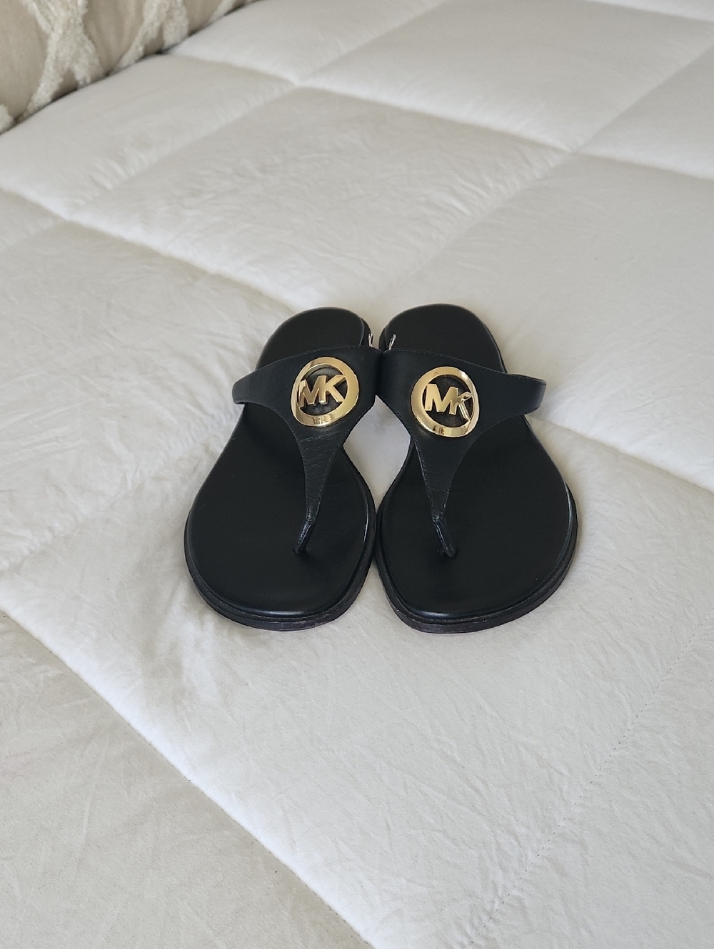 Michael Kors Black Sandals with Gold MK Medallions